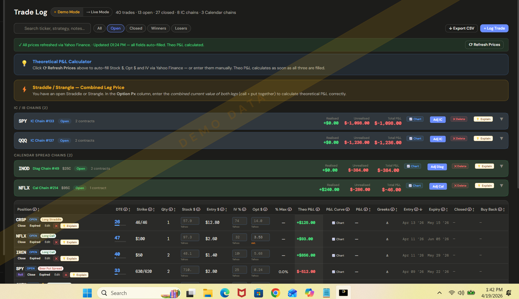 Trade Log showing 14 strategies with action buttons — Assigned on CSP, Called Away on Covered Call, Roll on spreads, ITM warning, DTE countdown, Yahoo auto-prices and Greeks on every row