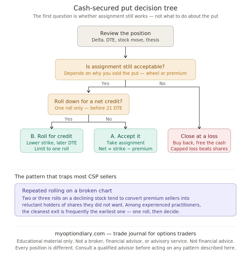 Decision tree for cash-secured put adjustment showing the path from open position to a specific response