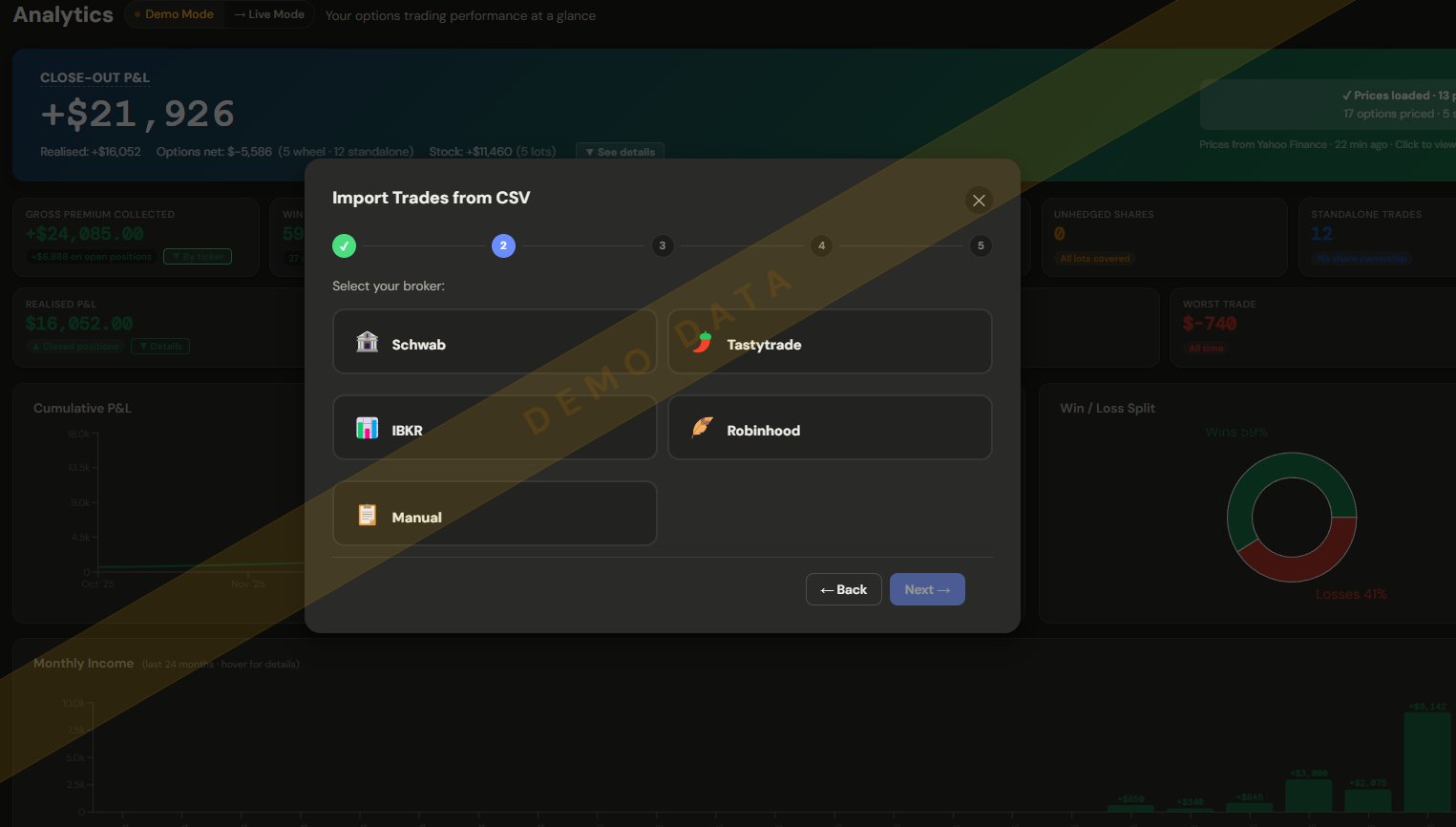 Import Trades from CSV — 5-step guided workflow showing broker selection: Schwab, Tastytrade, IBKR, Robinhood, Manual — with Schwab Migration Guide, Download Guide and Sample CSV buttons